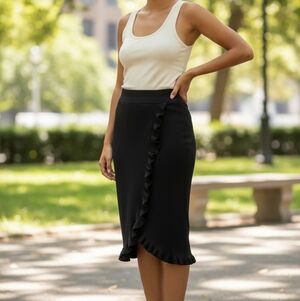Club Monaco Black Knit Pencil Skirt with Ruffle Trim